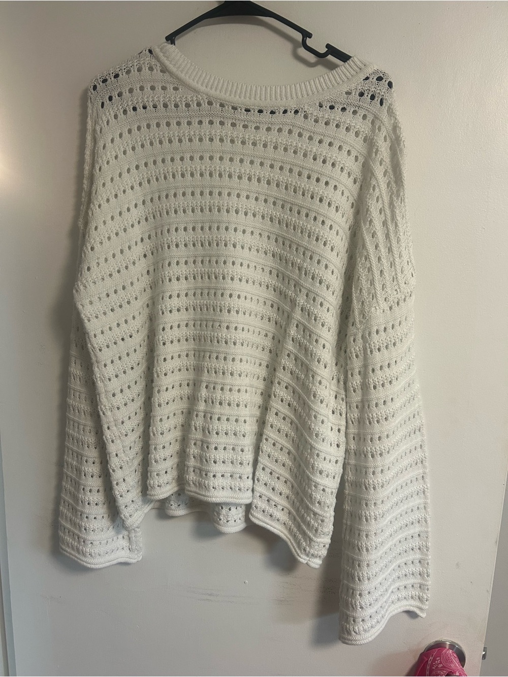 Women's White Open-Knit Sweater - Casual Boatneck